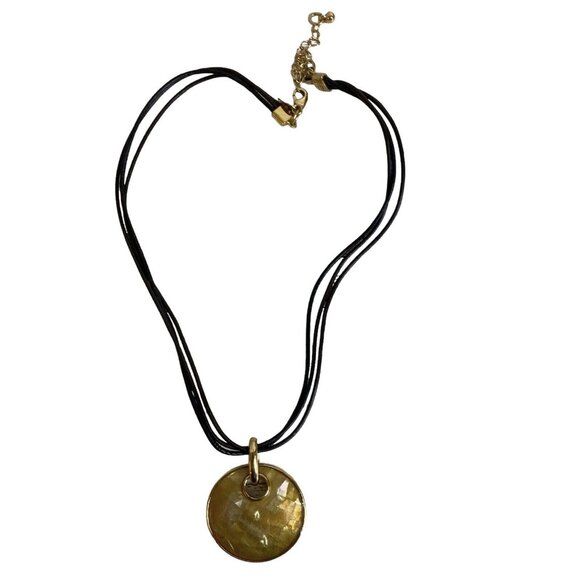 Lia Sophia Gold Tone Backed Shell Pendant Necklace on Adjustable 16” Black Cord - Picture 1 of 7